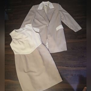 Chic Cream and Tan Midi Dress with Blazer